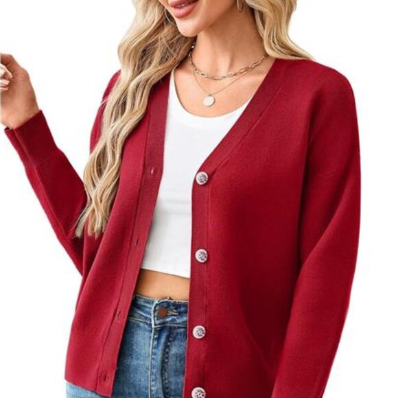 Women's red V Neck Long Sleeve Open Front Chunky Cardigan Fall Knitted - Picture 1 of 6